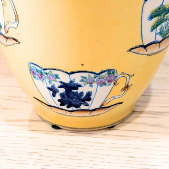Vintage Large 12.5” HAND PAINTED Teacup Yellow VASE ORIENTAL ACCENTS Chinoiserie - Picture 8 of 11